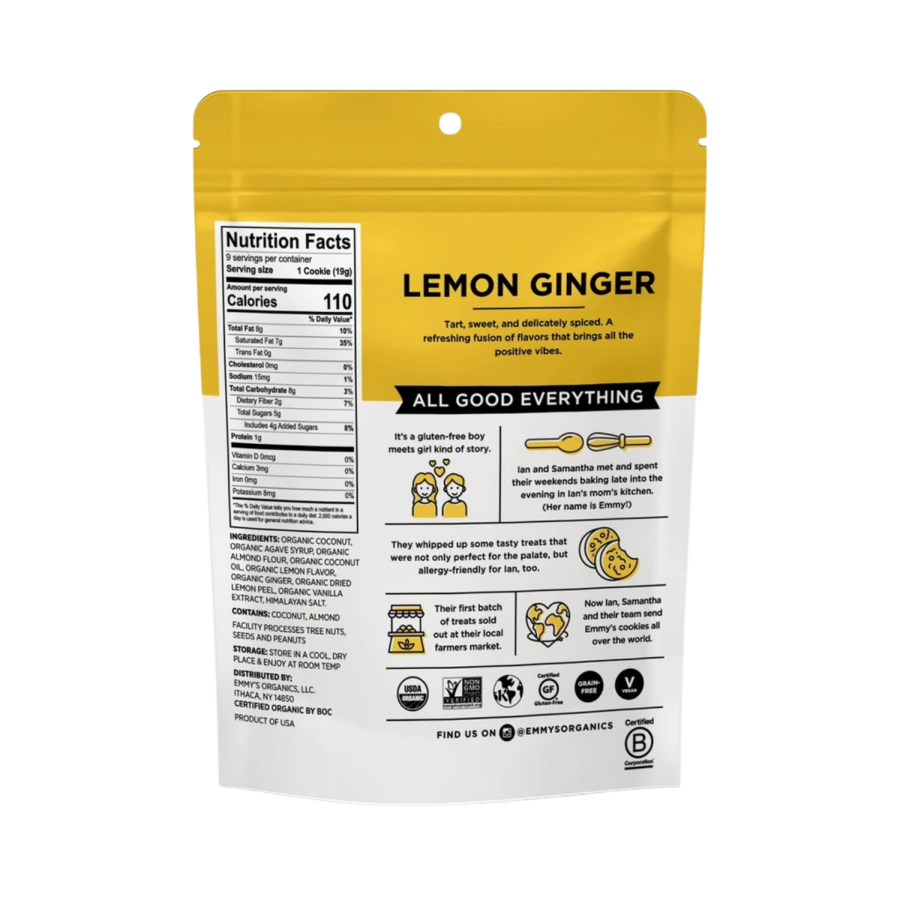 Clean Snacking Made Delicious Emmys Organics Superfood Bites Lemon Ginger Coconut Cookies Non-GMO Ingredients Nutrition Facts