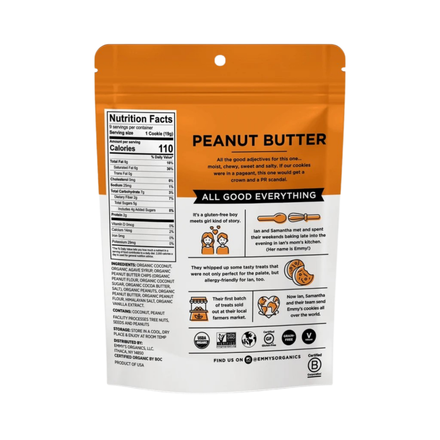 Clean Snacking Made Delicious Emmys Organics Superfood Bites Peanut Butter Coconut Cookies Non-GMO Ingredients Nutrition Facts