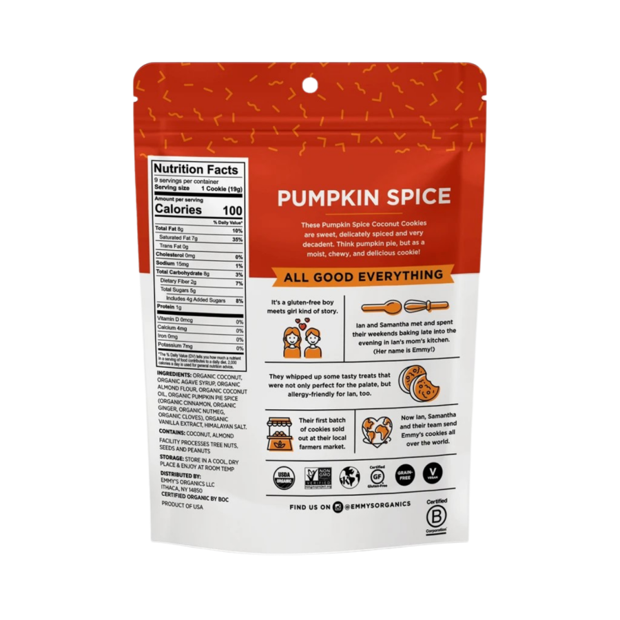 Fall Flavor Clean Snacking Made Delicious Emmys Organics Superfood Bites Autumn Pumpkin Spice Coconut Cookies Non-GMO Ingredients Nutrition Facts