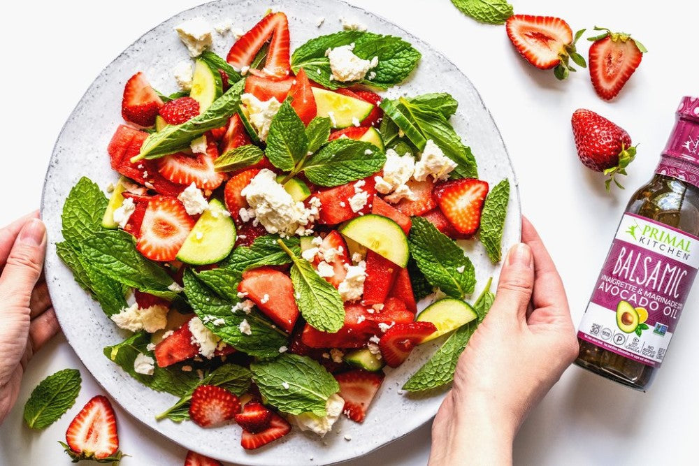 Whole30 And Vegan Watermelon Strawberry Salad With Balsamic And Mint Primal Kitchen Vinaigrette Recipe