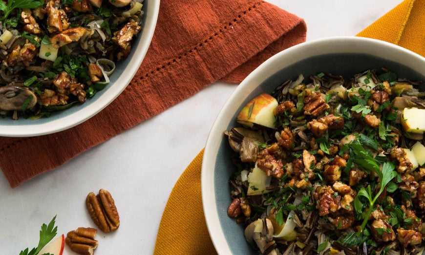 Wild Rice Apple And Mushroom Salad With Spicy Pecans Fall Food Recipe Using Woodstock Organic Brown Sugar For Autumn Eating