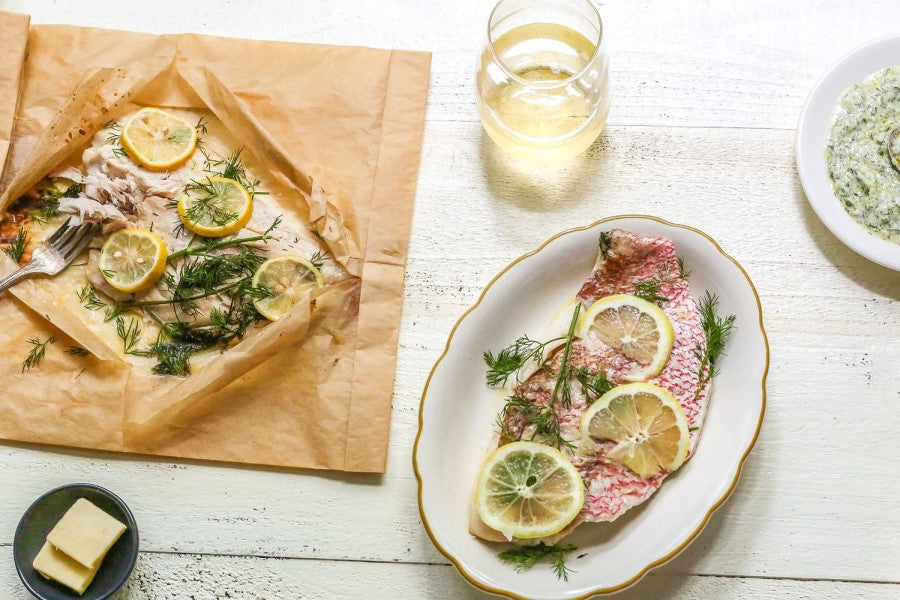 Wild Snapper Fish With Lemon Dill Butter Cooked In If You Care Oven Roasting Bag Made Of Parchment Paper