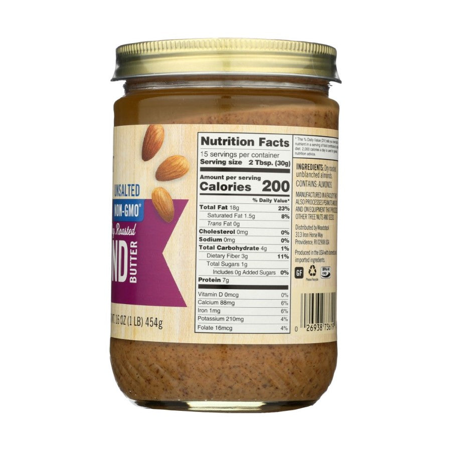 16 Ounce Woodstock Unsalted Non-GMO Dry Roasted Almond Butter Single Ingredient Nutrition Facts