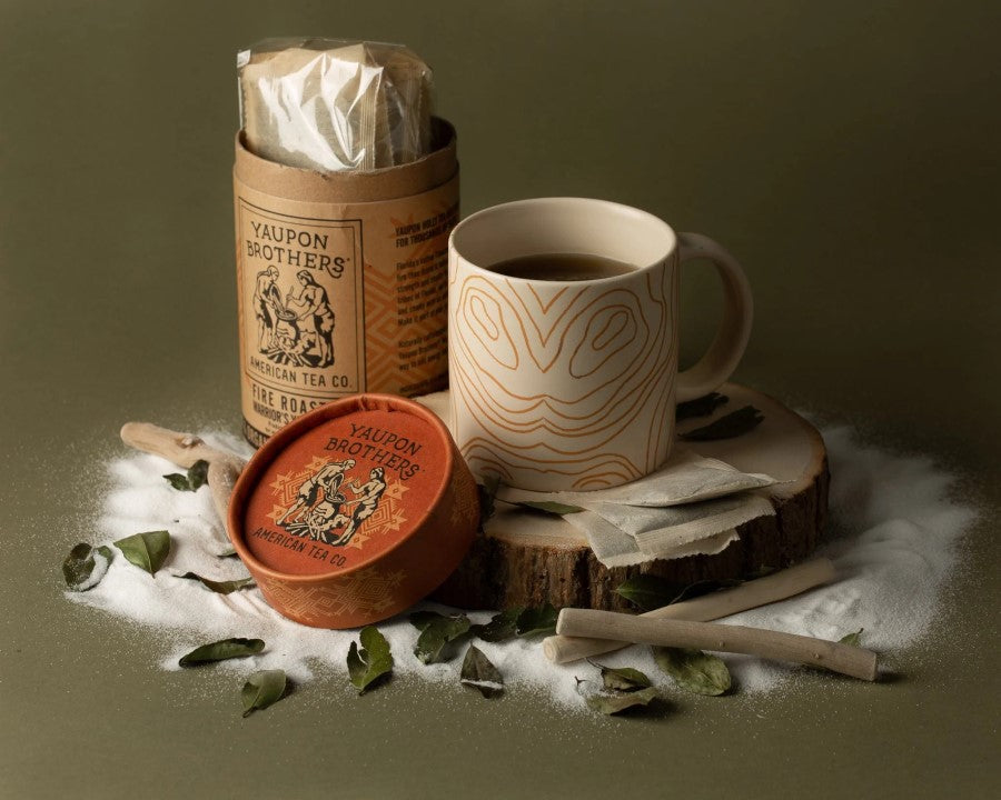 Mug Of Hot Tea Yaupon Brothers American Tea Co. Fire Roasted Warrior's Yaupon Tea Eco Tube And Compostable Tea Bags