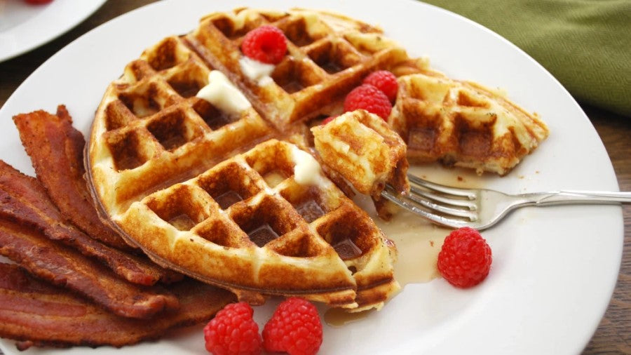 Bacon Fresh Raspberries And Yeast Waffles Made With Pamela's All Purpose Gluten Free Flour