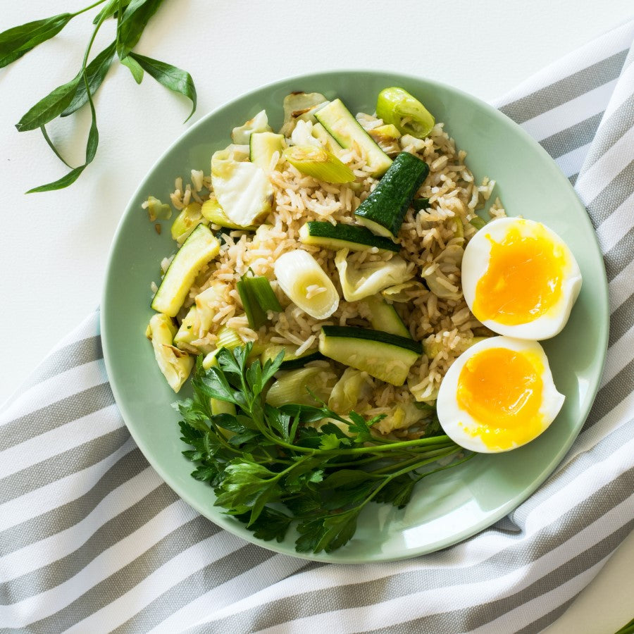 Fried Rice With Zucchini Egg And Fresh Greens Meal Made With Organic Long Grain Rice From Terra Powders Clean Food Market