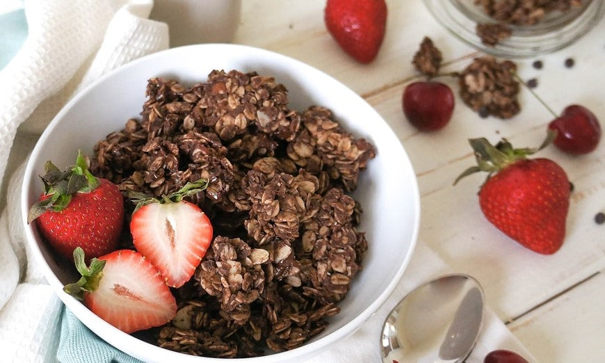 Dark Chocolate Protein Granola Made With Woodstock Organic Brown Sugar And Fresh Cherries And Strawberries