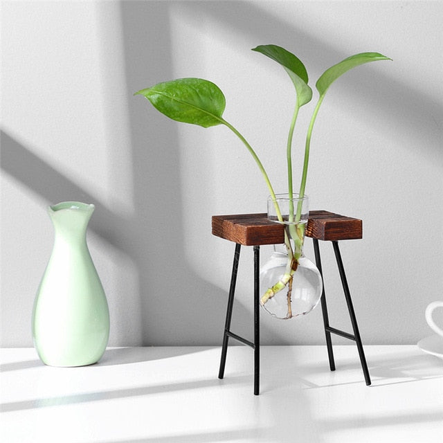table top hanging plant stand Glass & Wood Hanging Rack Tabletop Vases – Terra Powders