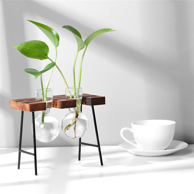 Double Hanging Rack Tabletop Vase Dark Wood