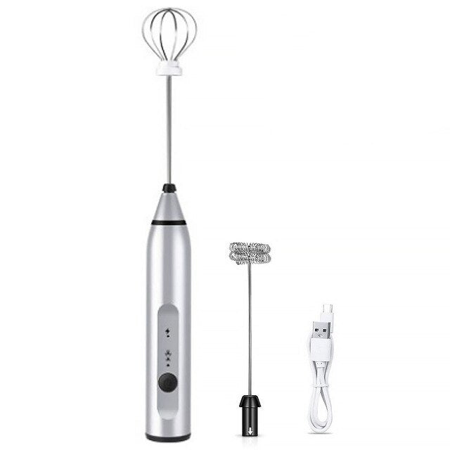 Silver Milk Frother Wand With Two Heads USB Rechargeable