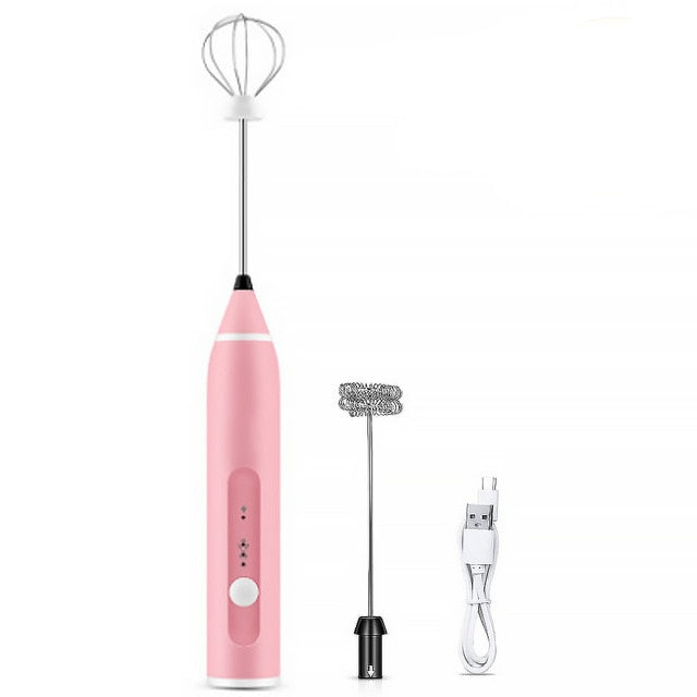 Pink Milk Frother Wand With Two Heads USB Rechargeable