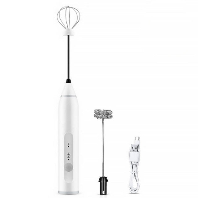 White Milk Frother Wand With Two Heads USB Rechargeable