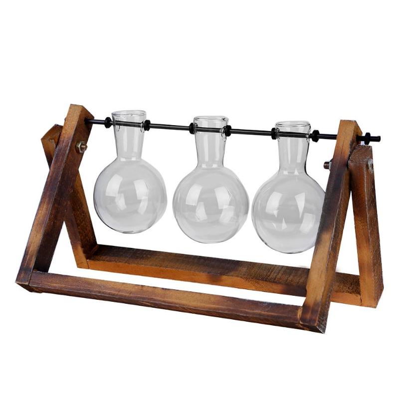 Three Pendulum Style Hanging Glass Vases In Dark Wood Frame