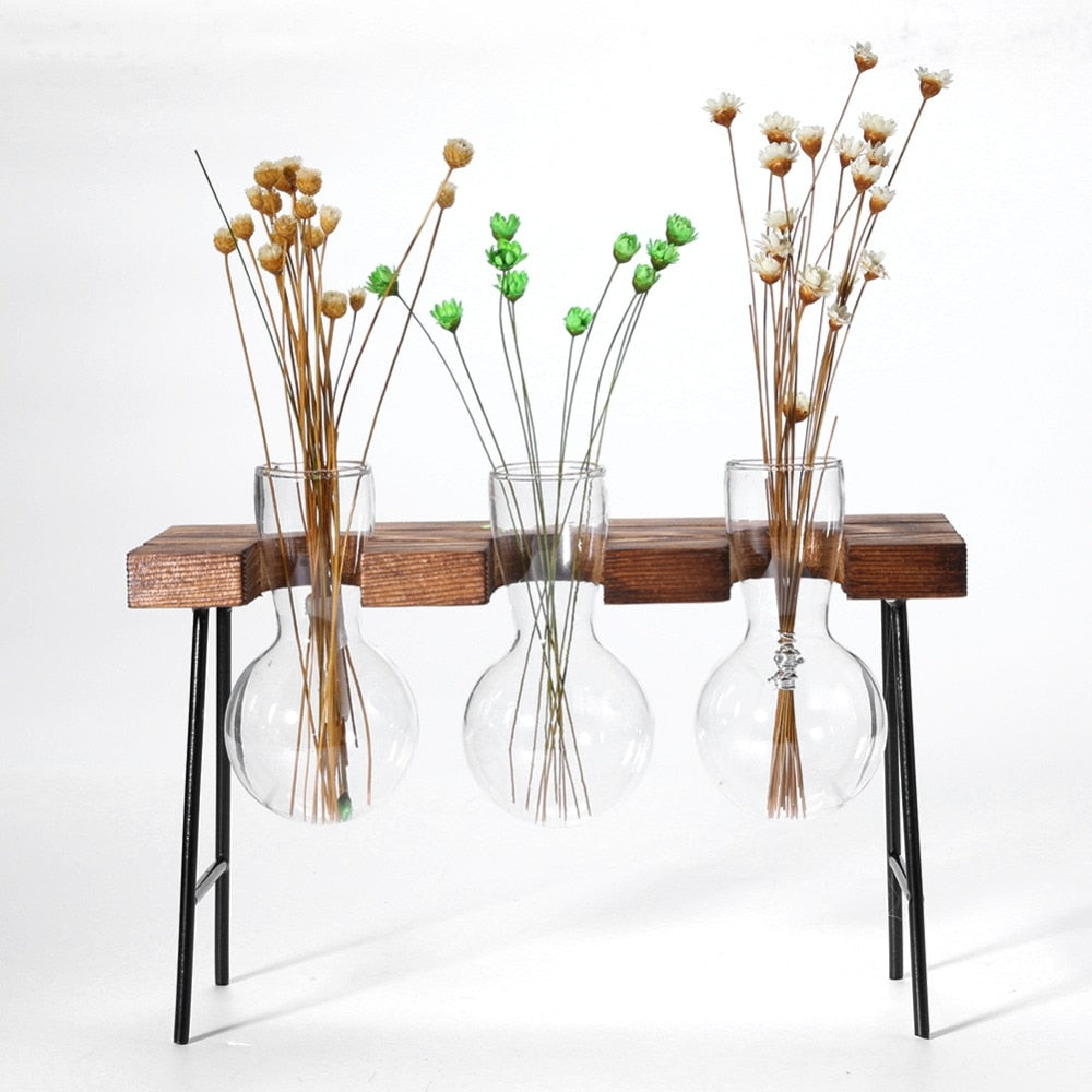 3 Hanging Glass Flower Vases In Desk Looking Wood Rack