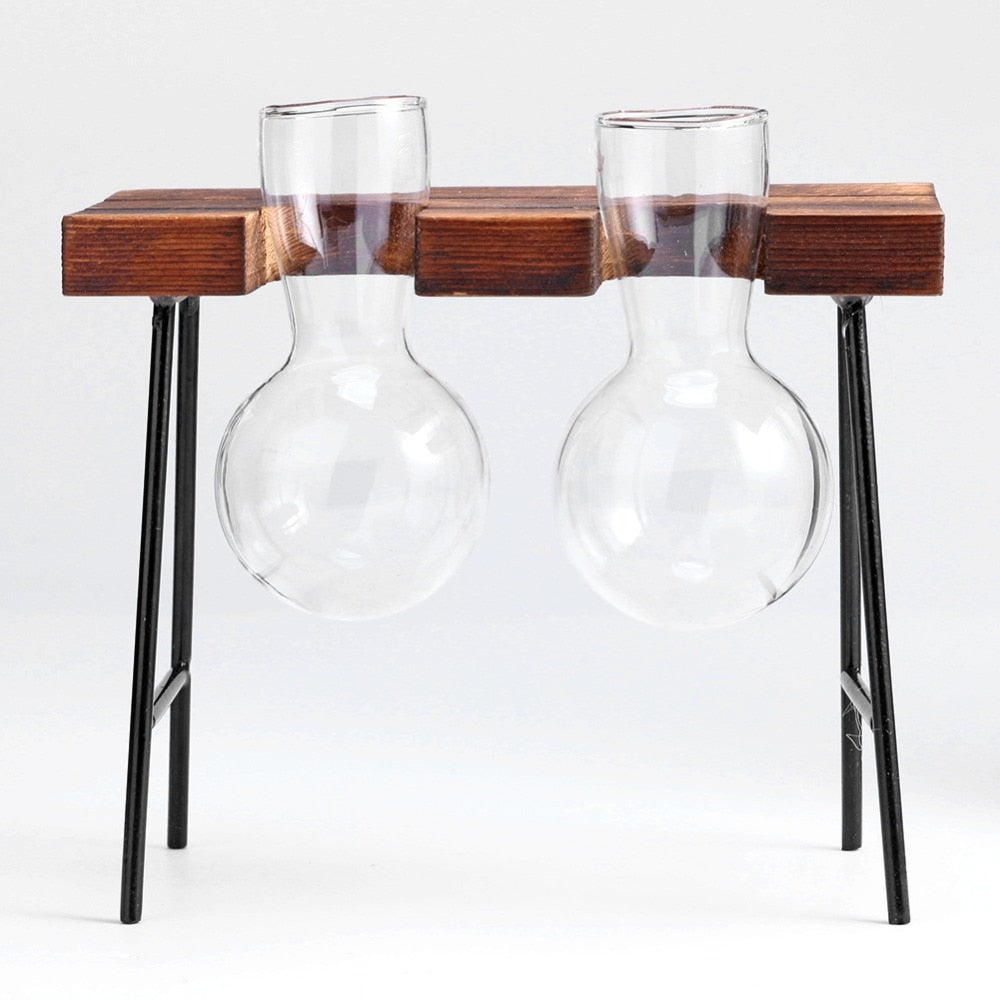 Two Glass Vases In Desk Style Wood Frame Rack