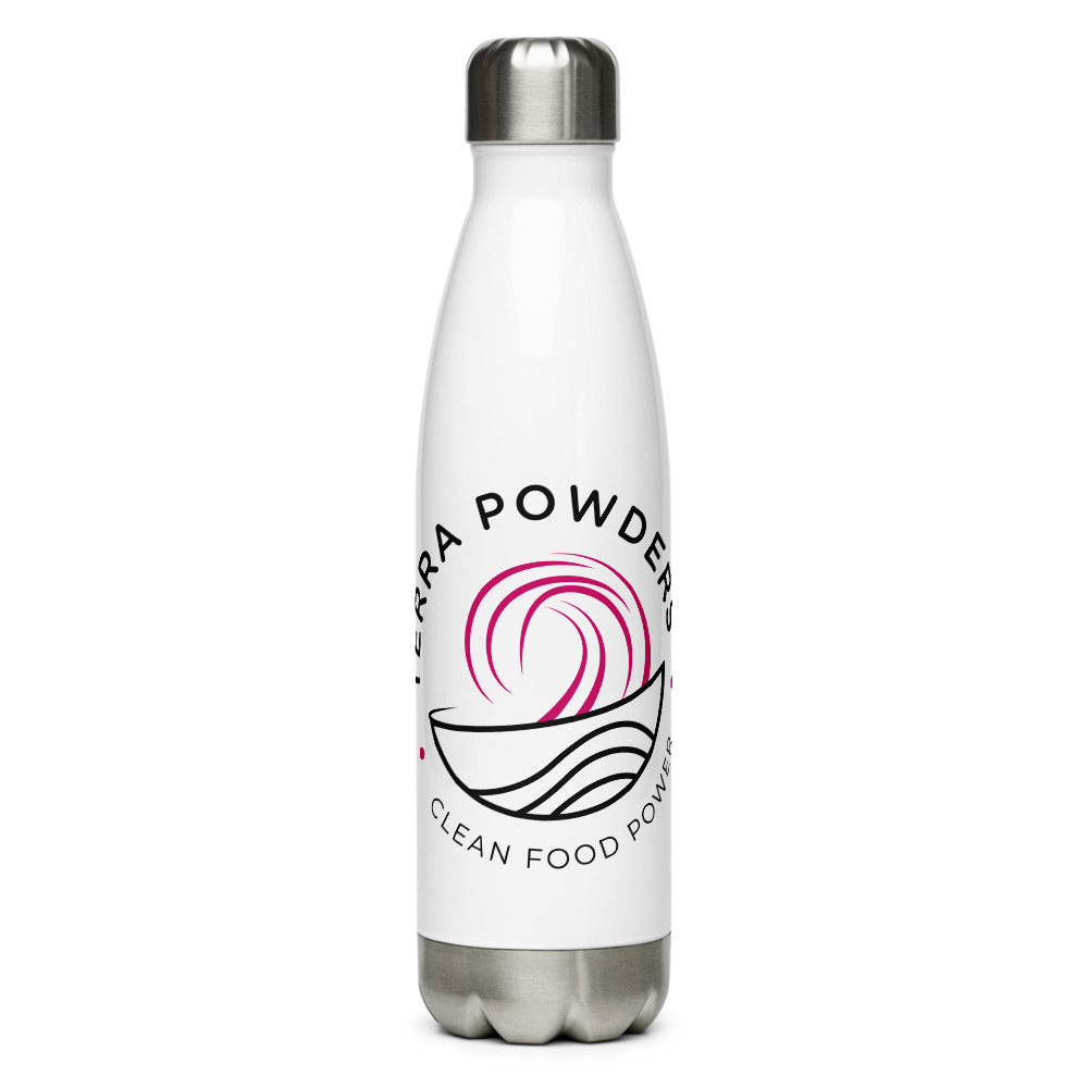 Front Of 17 Ounce Stainless Steel Bottle With Terra Powders Clean Food Power Logo