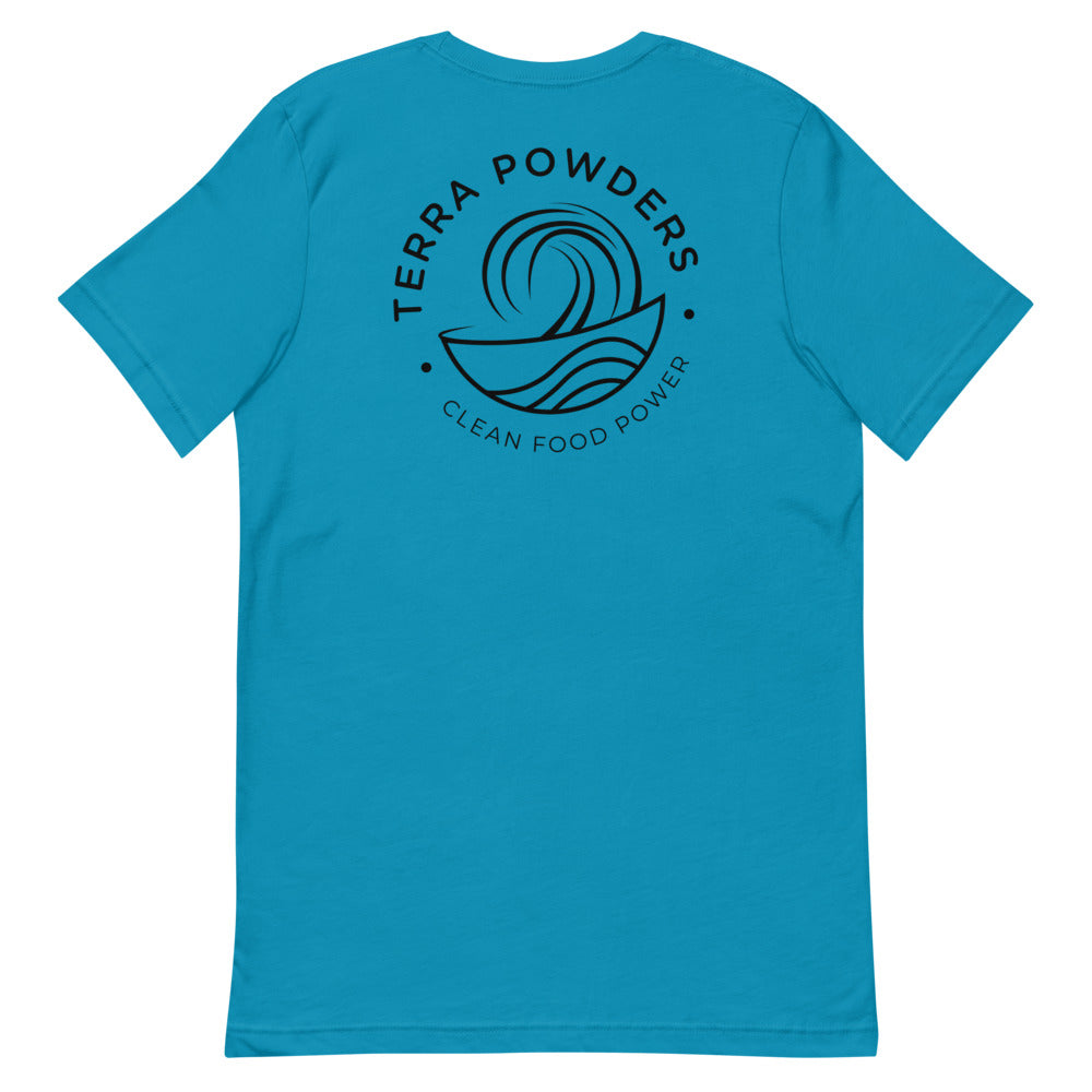 Back Of Clean Food Powered Short Sleeve T-Shirt From Terra Powders In Aqua Blue Color