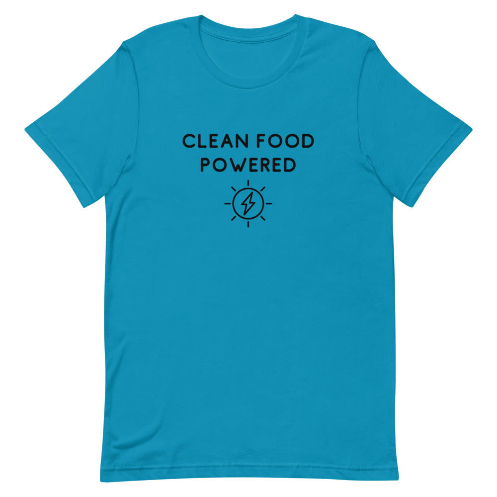 Front Of Clean Food Powered Short Sleeve T-Shirt From Terra Powders In Aqua Blue Color