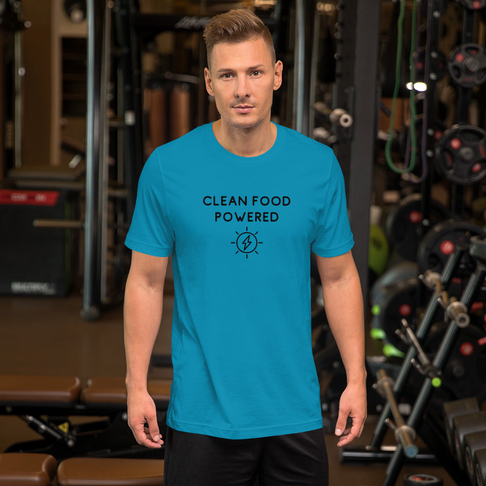Man In Gym Wearing Terra Powders Clean Food Powered Shirt Sleeve Cotton Shirt In Aqua Blue Color