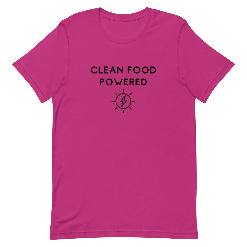 Front Of Clean Food Powered Short Sleeve T-Shirt From Terra Powders In Berry Color