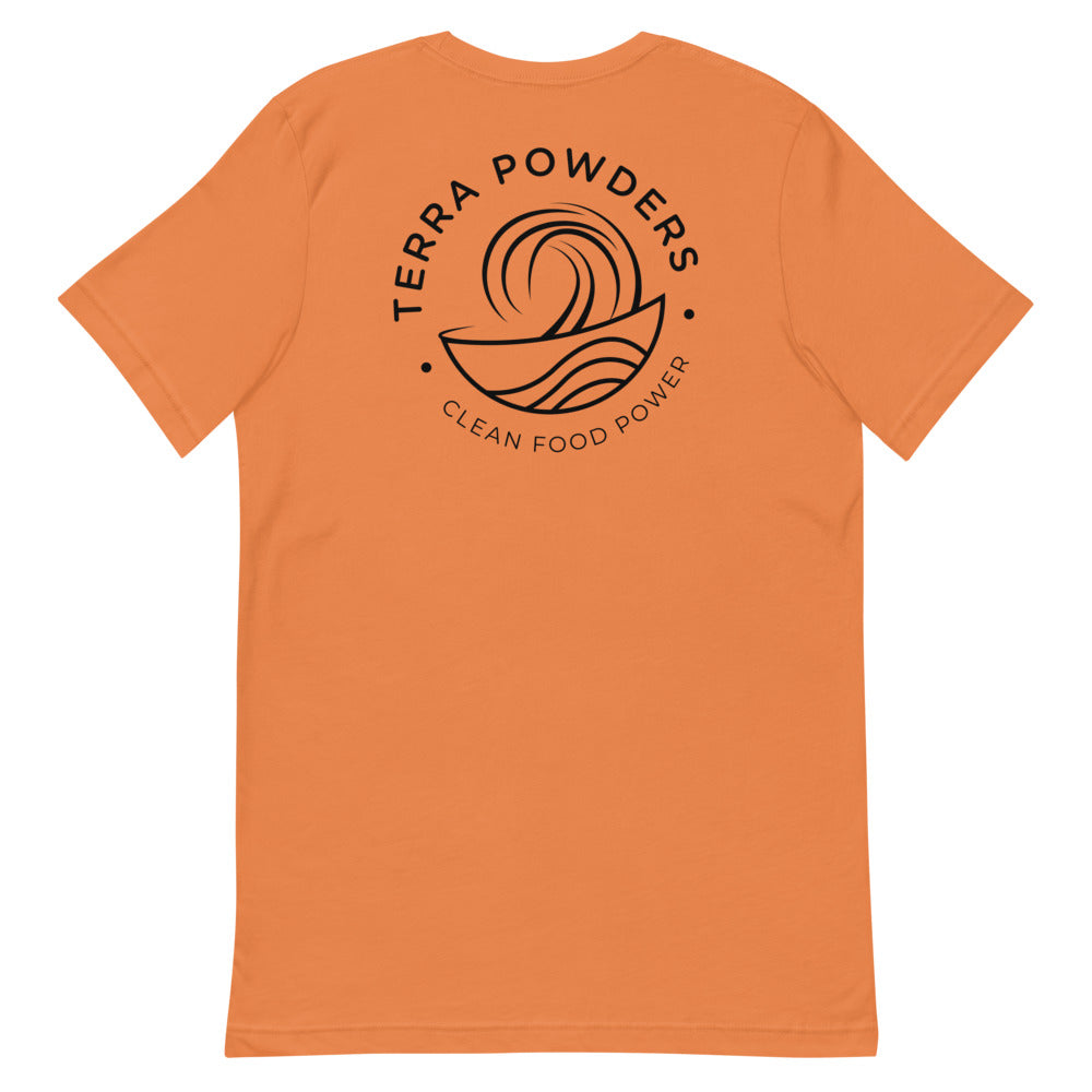 Back Of Clean Food Powered Short Sleeve T-Shirt From Terra Powders In Burnt Orange Color