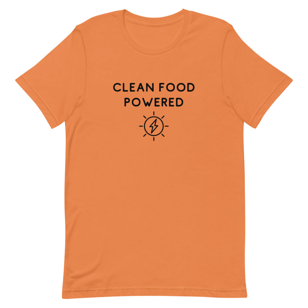 Front Of Clean Food Powered Short Sleeve T-Shirt From Terra Powders In Burnt Orange Color