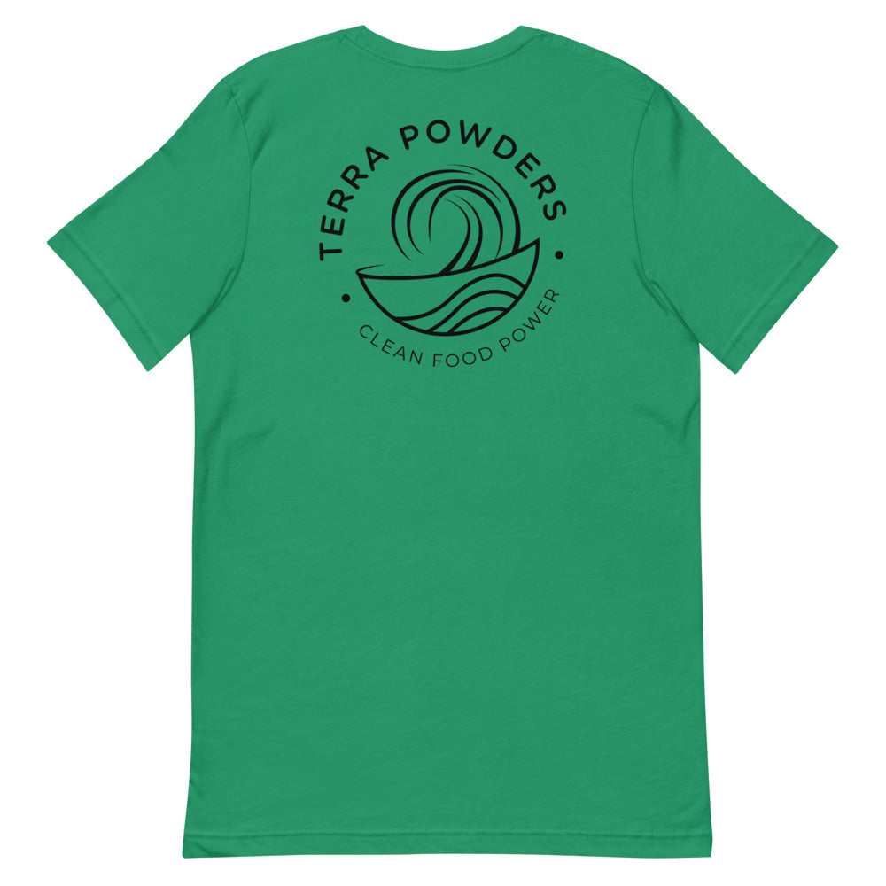 Back Of Clean Food Powered Short Sleeve T-Shirt From Terra Powders In Kelly Green Color