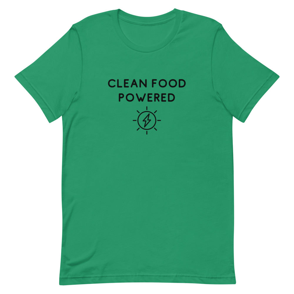Front Of Clean Food Powered Short Sleeve T-Shirt From Terra Powders In Kelly Green Color