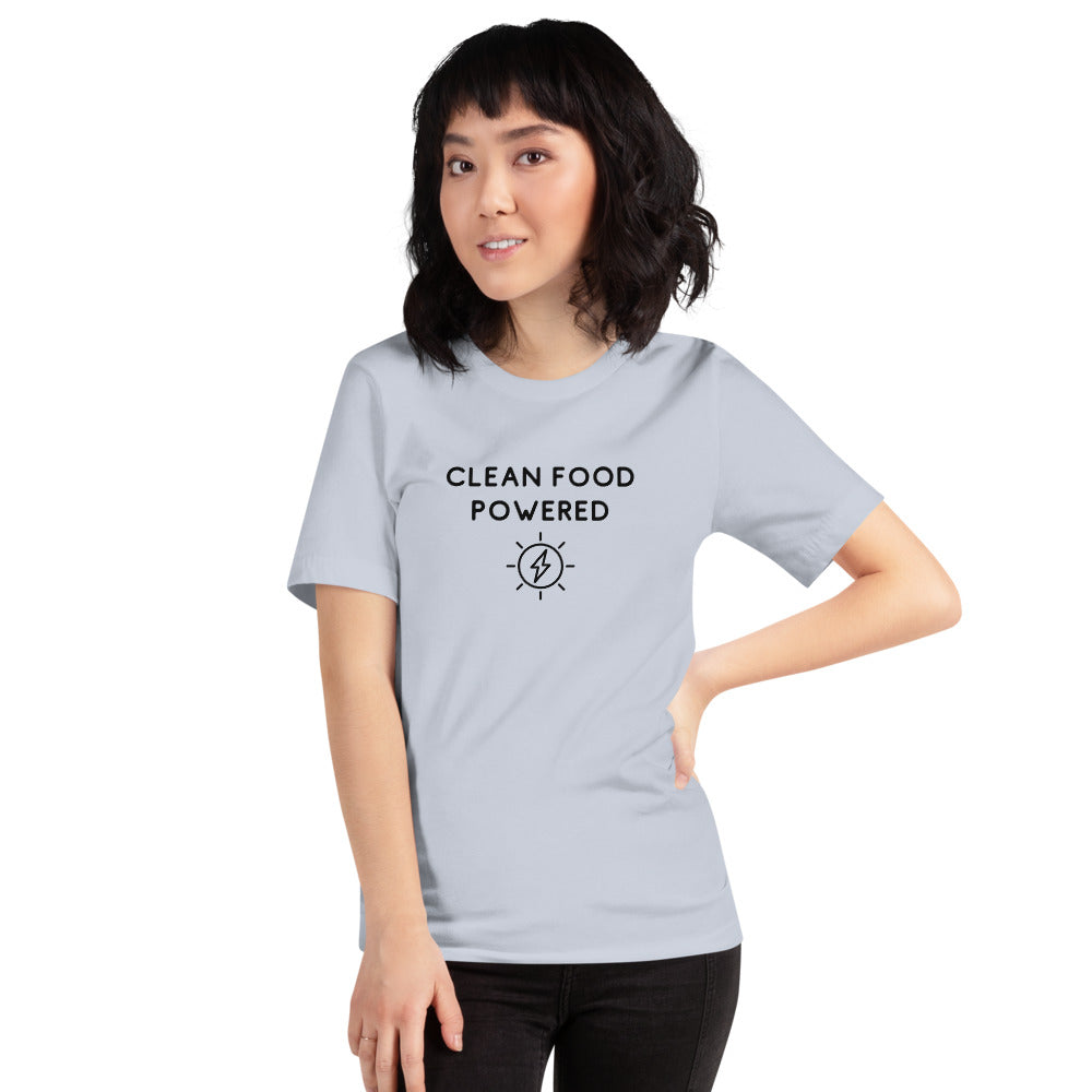 Woman Wearing Clean Food Powered Shirt In Light Blue From Terra Powders