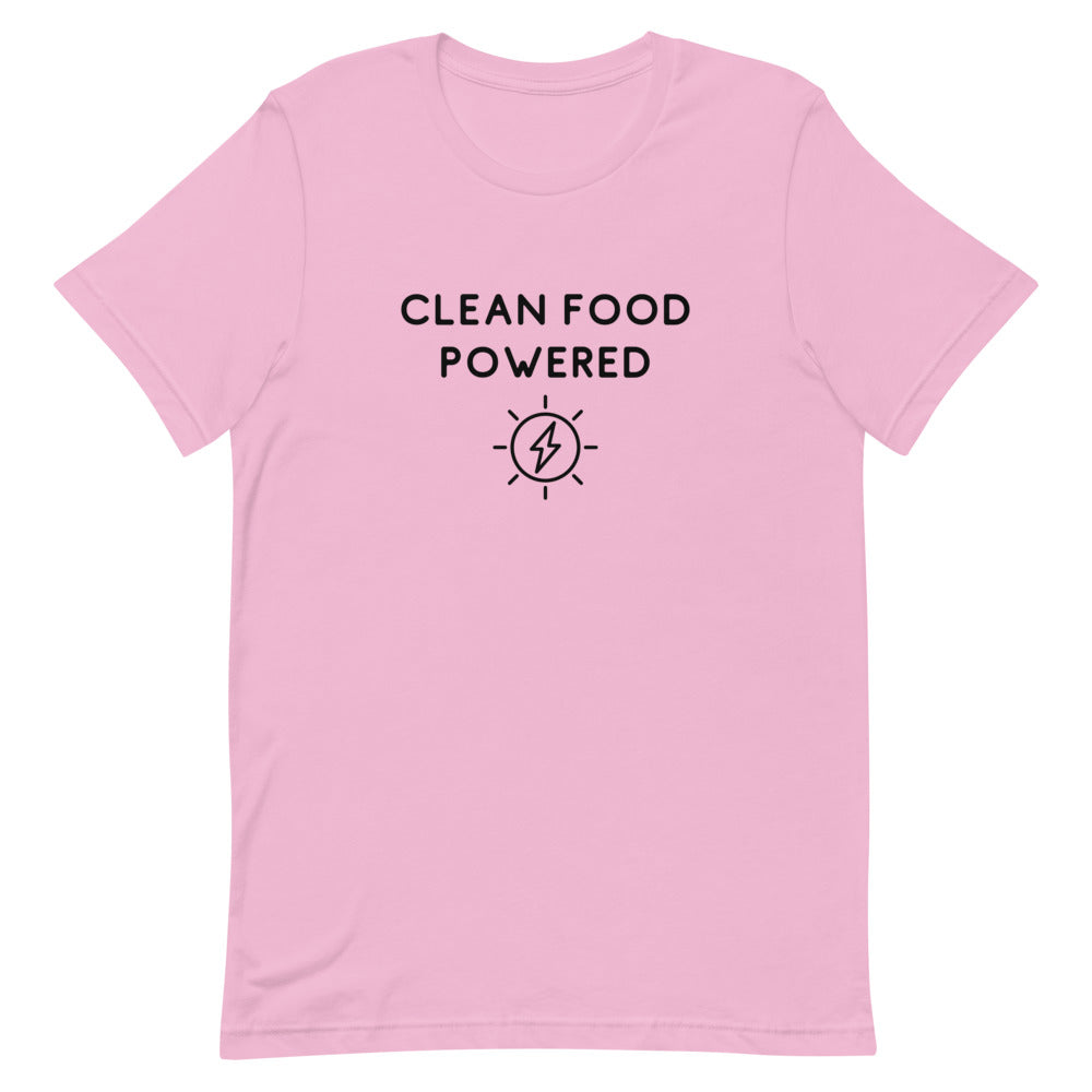 Front Of Clean Food Powered Short Sleeve T-Shirt From Terra Powders In Lilac Color