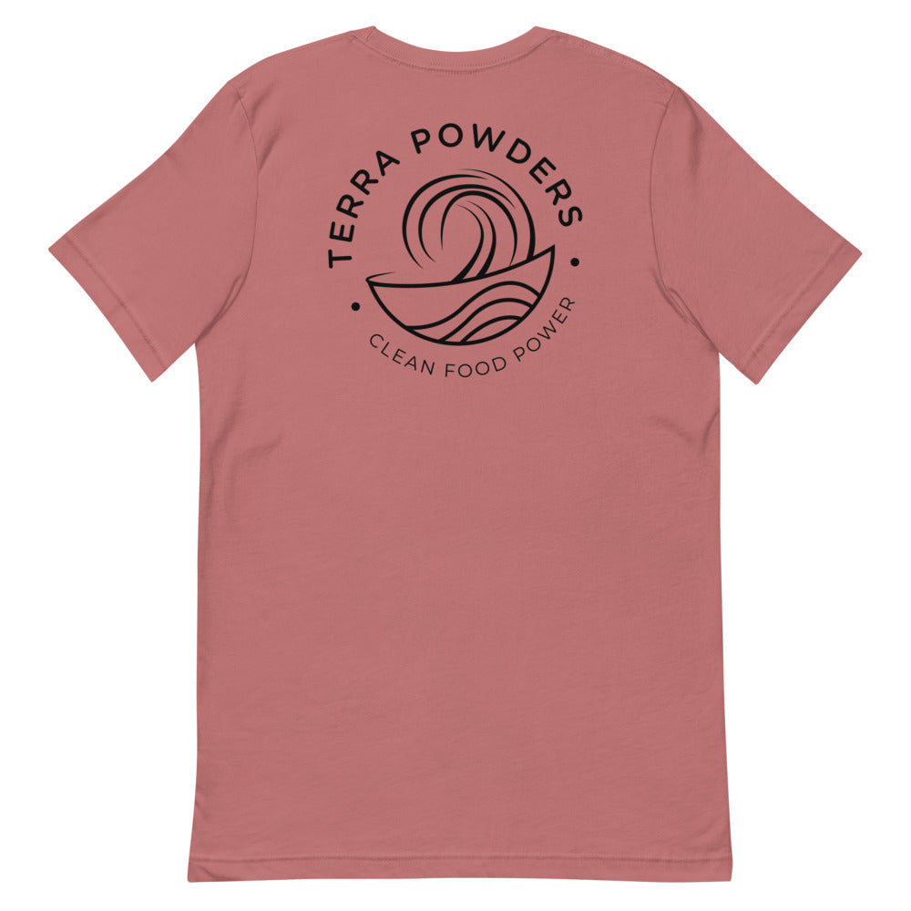 Back Of Clean Food Powered Short Sleeve T-Shirt From Terra Powders In Mauve Color
