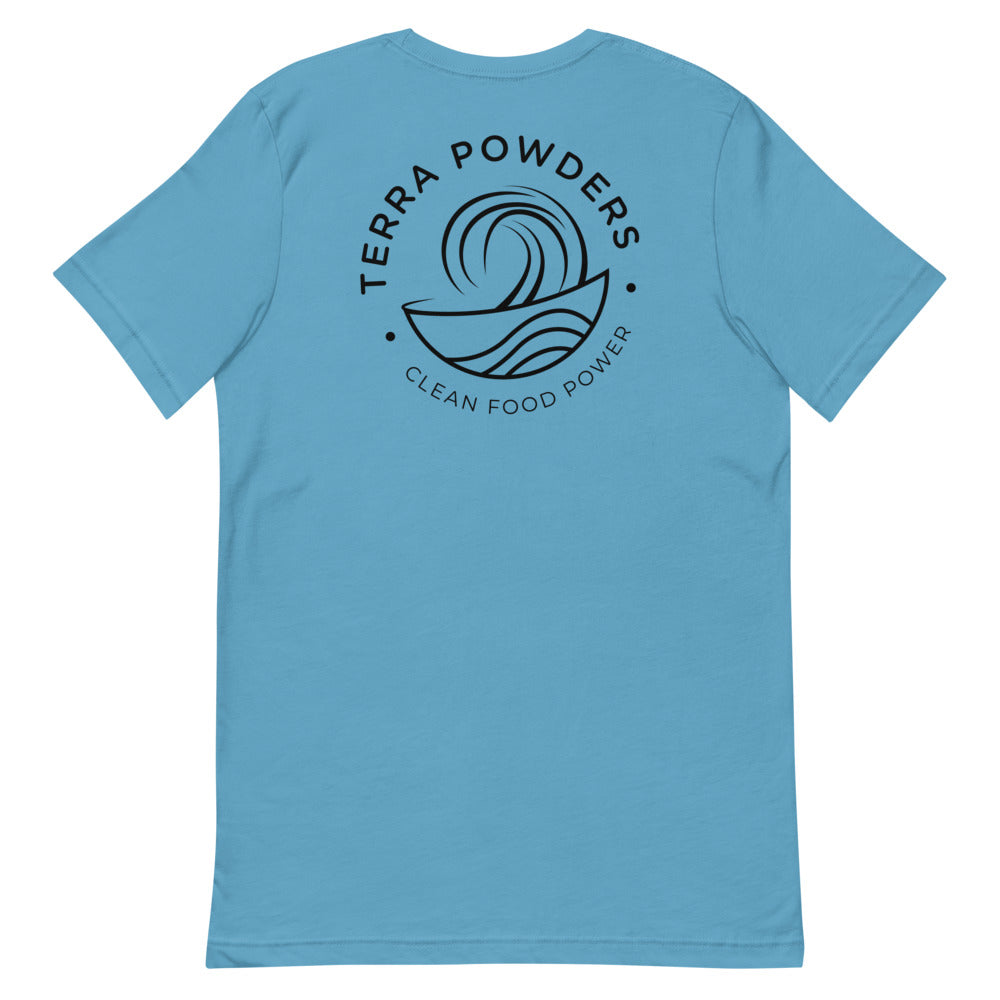 Back Of Clean Food Powered Short Sleeve T-Shirt From Terra Powders In Ocean Blue Color