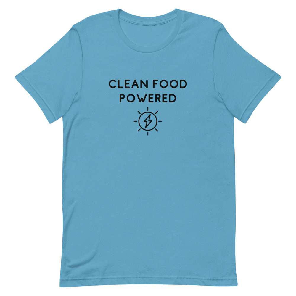 Front Of Clean Food Powered Short Sleeve T-Shirt From Terra Powders In Ocean Blue Color