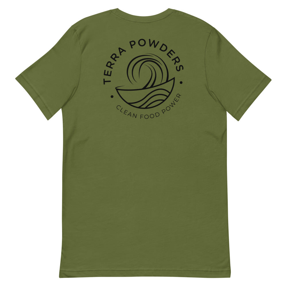 Back Of Clean Food Powered Short Sleeve T-Shirt From Terra Powders In Olive Green Color