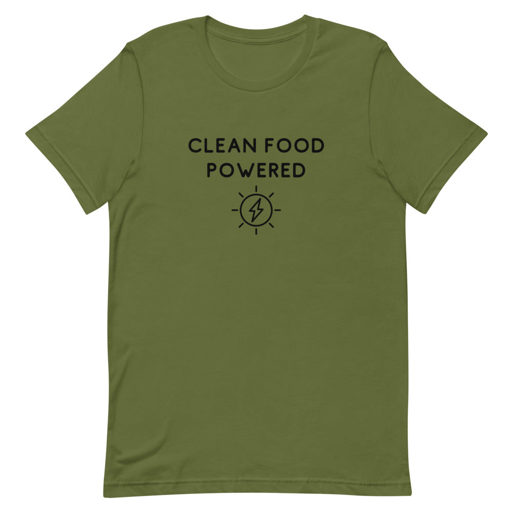 Front Of Clean Food Powered Short Sleeve T-Shirt From Terra Powders In Olive Green Color