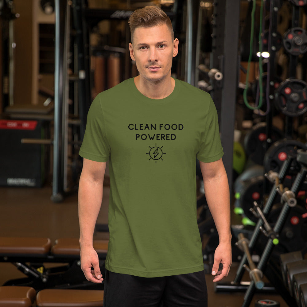 Man In Gym Wearing Terra Powders Clean Food Powered Shirt Sleeve Cotton Shirt In Olive Color