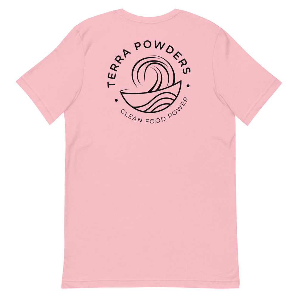 Back Of Clean Food Powered Short Sleeve T-Shirt From Terra Powders In Pink Color