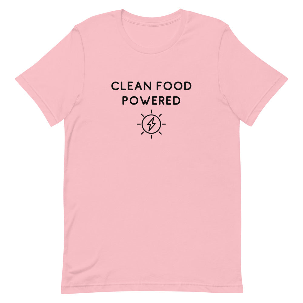 Front Of Clean Food Powered Short Sleeve T-Shirt From Terra Powders In Pink Color