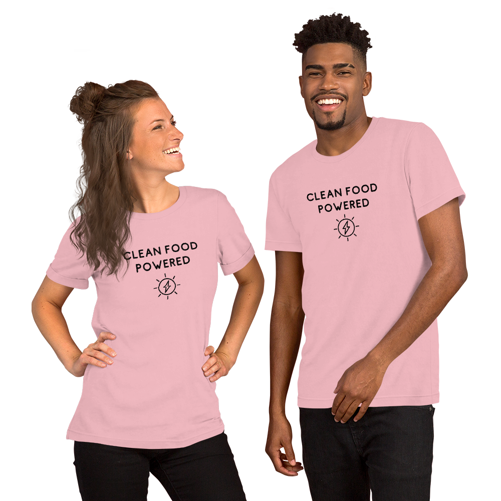 Happy People Smiling Wearing Terra Powders Clean Food Powered Shirts In Light Pink 100% Cotton