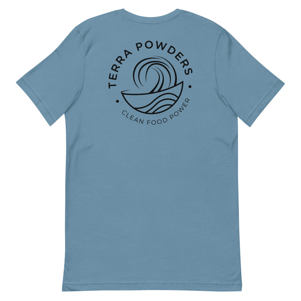 Back Of Clean Food Powered Short Sleeve T-Shirt From Terra Powders In Steel Blue Color