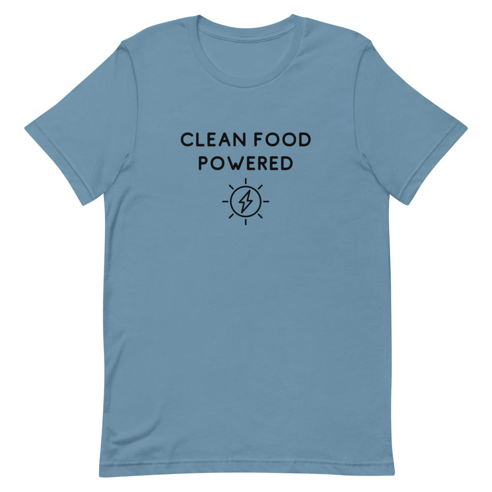 Front Of Clean Food Powered Short Sleeve T-Shirt From Terra Powders In Steel Blue Color