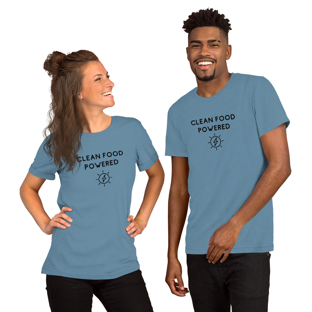 Happy People Smiling Wearing Terra Powders Clean Food Powered Shirts In Steel Blue 100% Cotton