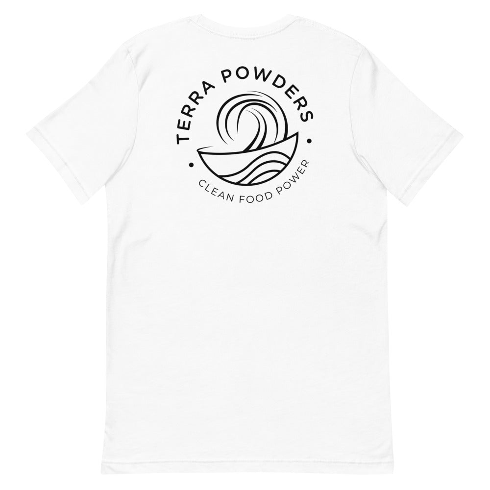 Back Of Clean Food Powered Short Sleeve T-Shirt From Terra Powders In White Color
