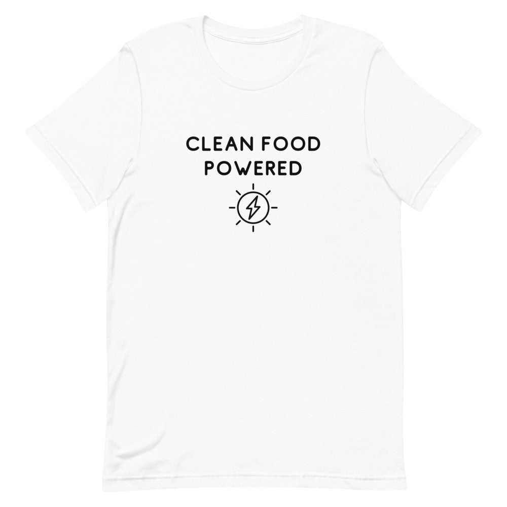 Front Of Clean Food Powered Short Sleeve T-Shirt From Terra Powders In White Color